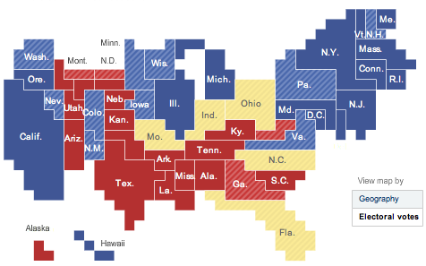 The map shows the surface of each state proportional to electoral college